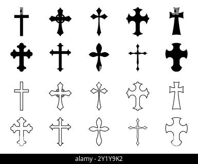 Christliches Kreuz. Katholisches Kruzifix. Religiöses Jesus-Logo. Biblisches Silhouettensymbol. Heiliger Tod. Grabstein-grafisches Schild. Piktogramm der gotischen Linie. Glaube an Gott. Abstrakte Formen. Vektorsymbole festgelegt Stock Vektor