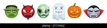 Halloween-Charaktere. 3D Emoji Monster, Vampir und süßes Zombie Kostüm, Gesicht Emoticon Ausdruck. Lustiger Geist und gruseliger Kürbis, gruseliger Alien und Teufelskopf. Vektor isolierte Cartoon-Horror-Elemente Stock Vektor