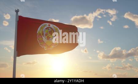 Flagge der Sowjetunion oder UdSSR, die im Wind weht. Kommunistische Flagge. 3D-Abbildung Stockfoto