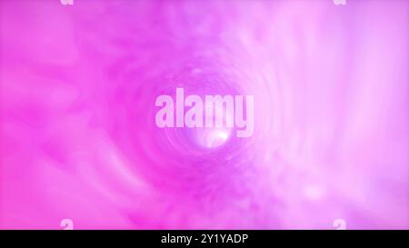 Fliege durch leuchtend rosa Neontunnel mit Reflexion. 3D-Abbildung Stockfoto