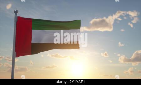 Die Flagge der Vereinigten Arabischen Emirate winkt im Wind, Himmel und Sonnenhintergrund. 3D-Abbildung Stockfoto