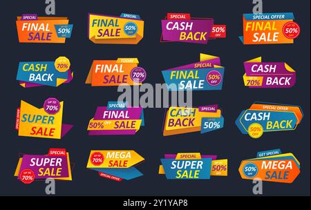 Verkaufsabzeichen. Spezielles Cash-Back-Logo. Mega-Rabatt. Sonderrabatt anbieten. Kaufe grafische Embleme. Preisbanner für geometrische Filialen. Werbung für isolierte Etiketten. Vektorsymbole festgelegt Stock Vektor