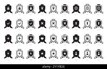 Symbole schützen. Schild mit Symbolen. Sicherheitsverriegelung für Privatsphäre und sichere Prüfung. Web-Garantie aktivieren. Genehmigen und ablehnen. Solides Vorhängeschloss. Verteidiger mit Band und Krone. Piktogramme für Vektorsicherheit eingestellt Stock Vektor