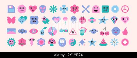 Y2K-Aufkleber. Süßes Blumenlächeln. Retro-Herzsymbol oder Mädchen-Emoji-Muster. Grooviger 90s Patch. Lustige abstrakte Form des Sterns. Comic-Kirsche. Wütende oder glückliche Symbole. Grafische Emoticons. Vektor trendige Abzeichen Set Stock Vektor