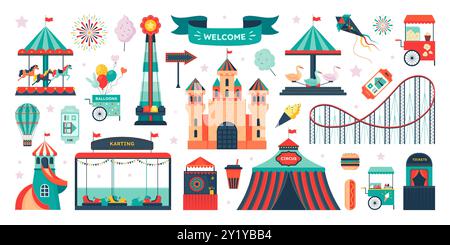 Karnevalspark. Zirkuskarussell auf Messe. Festzelt und Achterbahn. Lustige Eintrittskarten für Kinder und Zelt für Sommerattraktionen. Riesenrad. Merry-Go-Round und Popcorn-Wagen. Vector Fairground Elements Set Stock Vektor