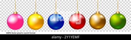 Sechs bunte Weihnachtsschmuck, jede in einer anderen Farbe, hängen in einer Reihe auf einem transparenten Hintergrund. Das Konzept der festlichen Dekoration. Vektor Stock Vektor