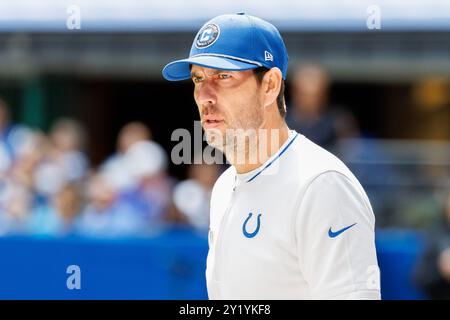 Indianapolis, Indiana, USA. September 2024. Shane Steichen, Cheftrainer der Indianapolis Colts, während des Spiels gegen die Houston Texans im Lucas Oil Stadium in Indianapolis, Indiana. John Mersits/CSM/Alamy Live News Stockfoto