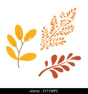 Vektor herbstgelbe trockene vogelblätter. Clipart ist auf weißem Hintergrund. Isolierte flache Illustration mit braunen Pflanzen für Design, Grußkarte, Banner, Stock Vektor