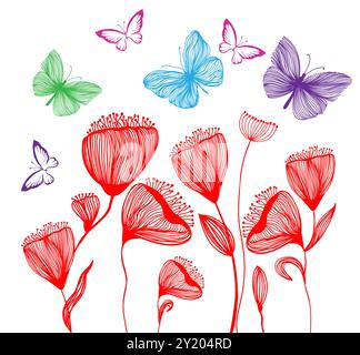 Rote Blumen mit Schmetterlingen auslegen. Handzeichnung. Nicht AI, Vektorillustration Stock Vektor