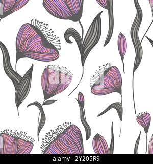 Nahtlose rosa Tulpen im Hintergrund. Handzeichnung. Nicht AI, Vektorillustration Stock Vektor