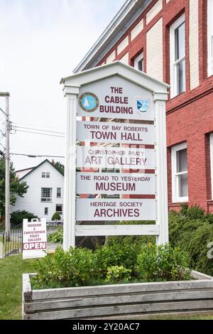 Das Cable Building Schild an der Water Street in Bay Roberts, Neufundland & Labrador, Kanada Stockfoto