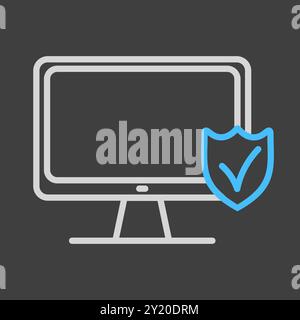 Monitor mit Schild und Häkchen Vektor auf dunklem Hintergrund Symbol. Sicherheitsschild. Diagrammsymbol für Ihr Website-Design, Logo, App, UI Stock Vektor