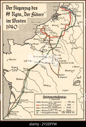 1940: Propagandakarte der Nazi-Deutschland, die den Erfolg der SS-Regimenter „der Führer“ während der Besetzung Hollands, Belgiens und Frankreichs durch die Nazis veranschaulicht. Fortschritte in km, die in Legende-Box dargestellt werden, auf insgesamt 3800 km in ganz Europa. 3. Reich Deutschland 1940 Waffen-SS-Regiment der Führer Propagandakarte Poster Stockfoto