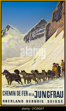 Vintage Swiss Travel Poster Jungfrau Schweiz Kunst Hundeschlitten Berner Alpen Travel Jungfrau Chemin de Fer Oberland Bernois Suisse Vintage Poster 1935 von Emil Cardinaux Stockfoto