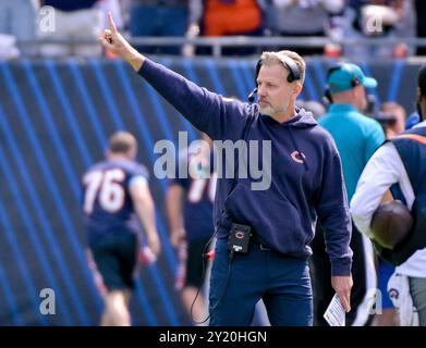 Chicago, Usa. September 2024. Chicago Bears Head Coach Matt Eberflus beim Sieg der Tennessee Titans im Soldier Field in Chicago am Sonntag, den 8. September 2024. Bears gewann mit 24:17. Foto: Mark Black/UPI Credit: UPI/Alamy Live News Stockfoto