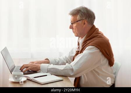 Ältere Unternehmer Arbeiten am Laptop im Büro, Seitenansicht Stockfoto