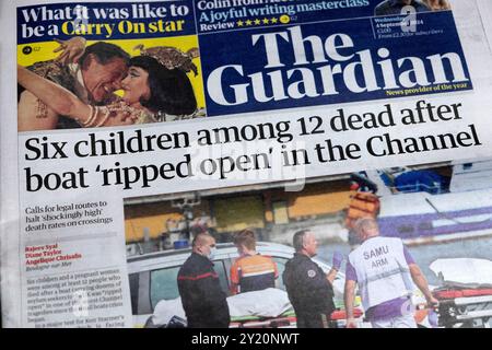 „Sechs Kinder unter 12 Toten, nachdem Boot „aufgerissen“ im Kanal“ Guardian-Zeitung Titelzeile Todesfälle von Migranten 4 September 2024 London Großbritannien Stockfoto