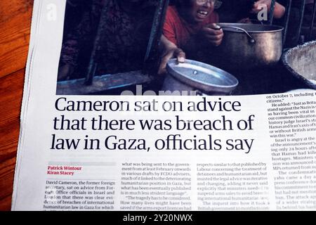 David „Cameron saß auf dem Rat, dass es in Gaza einen Gesetzesbruch gab, sagen Beamte“, titelte die Zeitung Guardian artikel 4 September 2024 London Großbritannien Stockfoto