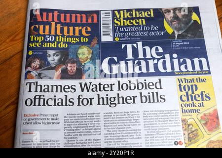 "Thames Water lobbiete Beamte für höhere Rechnungen" Guardian Titelblatt Zeitung Schlagzeile 31 August 2024 Abwasserskandale artikel London England Großbritannien Stockfoto