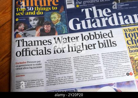 "Thames Water lobbiete Beamte für höhere Rechnungen" Guardian Titelblatt Zeitung Schlagzeile 31 August 2024 Abwasserskandale artikel London England Großbritannien Stockfoto