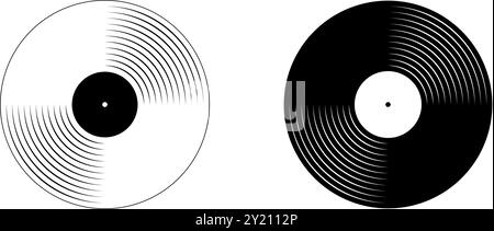 Symbole für weiße und schwarze Schallplatten. CDs mit LP- oder Long-Play-Musik, die auf weißem Hintergrund isoliert sind. DJ-Ausrüstung für Techno-Club-Party oder Diskothekenkonzept der 70er 80er Jahre. Vektorgrafik. Stock Vektor