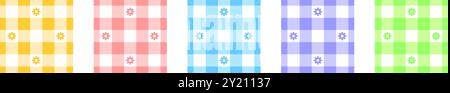 Set aus Mustern mit Gingham- oder vichy-Muster und Blumenmuster. Karierte Texturen für Picknick im Frühling oder Sommer, Tischdecke, Serviette oder Decke. Geometrische Hintergründe für Gewebe. Illustration der Vektorabwicklung. Stock Vektor