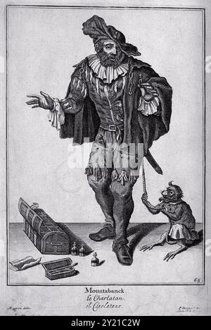 Hans Buling, ein unterwegs tätiger Medizinverkäufer, der seine Waren mit Hilfe eines Affen demonstriert. Gravur nach M. Laroon. Laroon, Marcellus, 1653-1702. Stockfoto