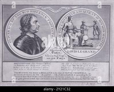 Oliver Cromwell auf der linken Seite und der Protektor kniete mit dem Kopf auf Britannias Schoß auf der rechten Seite. Das 1739 gefertigte Modell symbolisiert die britische Geschichte und Autorität. Stockfoto