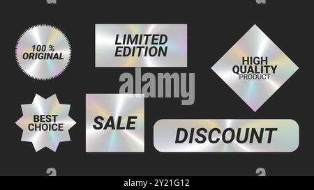 Holografische Aufkleber Logos Emblem Etiketten Farbset. Farb-Hologramm. Zur Verpackung von Werbematerial. Aufkleber für Kleidung oder Accessoires. Vektorabbildung. Stock Vektor