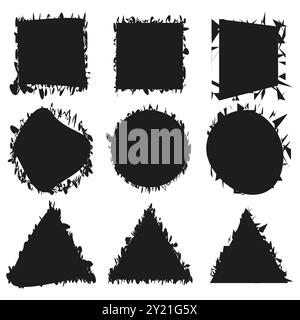Grunge-Rahmen-Symbole. Abstrakte Formbegrenzungen. Dekorative geometrische Rahmen. Symbole für raue Kanten. Stock Vektor
