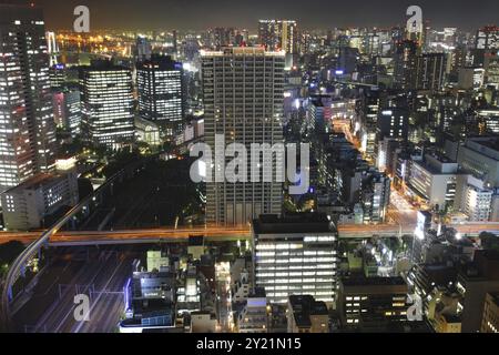 Tokio bei Nacht Panorama mit beleuchteten Wolkenkratzern Stockfoto