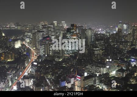 Tokio bei Nacht Panorama mit beleuchteten Wolkenkratzern Stockfoto