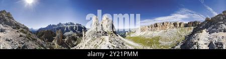 360 Â° Panoramablick auf den Cirjoch, Wolkenstein in Gröden, Italien 360Â° Panoramablick auf den Cirjoch, Wolkenstein in Gröden, Italien, Europa Stockfoto