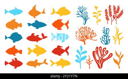 Unterwasser Seetang Korallen und Fisch Silhouette Zeichentrickset. Abstraktes Korallenriff, Meeres- oder Aquarium-Illustration. Unterwasser exotisches Design naive Meereslandschaft Hintergrund Vektor Illustration Stock Vektor