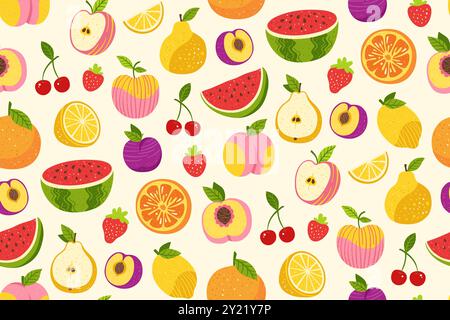 Früchte oder Beeren von Hand gezeichnetes nahtloses Muster. In Scheiben geschnittene Zitrusfrüchte, Zitrusorange, Apfel, Birne, Wassermelonen-Pfirsichfrüchte, trendiger grenzenloser Hintergrund. Saftige Erdbeere Pflaumenkirsche endlose Vektor-Cartoon-Design Stock Vektor
