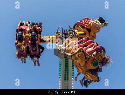 Aufregende Fahrt durch den Vergnügungspark, Adrenalin-Achterbahn mit Menschen, die vor Spannung schreien, lustiges, faires Konzept Stockfoto