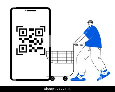 QR-Code digitale Zahlung Mann Warenkorb Kauf Kasse Smartphone Illustration zweifarbiger blauer schwarzer Umriss Stock Vektor
