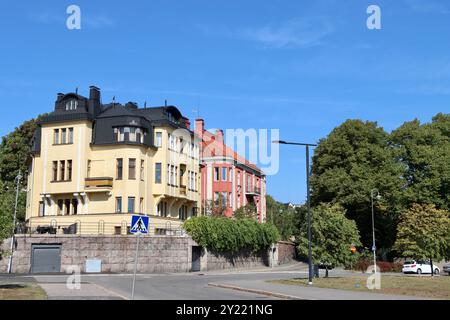 Wunderschöne Gebäude am Merikatu in Eira, Helsinki, Finnland Stockfoto
