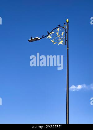 Vögel, die auf dem Lampenpfosten sitzen, mit blauem bewölktem Himmel Hintergrund Stockfoto