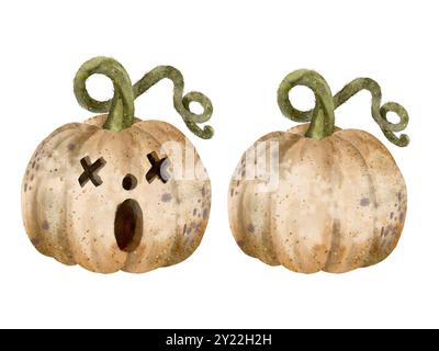 Diese niedlichen Geisterkürbisse sind perfekt für alle Arten von Halloween-Dekorationen und lustigen Illustrationen. Isolierte Objekte auf weißem Hintergrund für die Gestaltung von Broschüren, Flyern, Websites, Artikeln, E-Packs, Etikett oder Werbung. Digitale Kunst im Aquarellstil. Stockfoto
