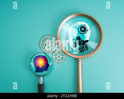 KI mit Menschen, Hilfstools, Managementtechnologiekonzept. Künstliche Intelligenz, intelligenter Roboter und kreatives Menschenkopfsymbol in zwei Lupen Stockfoto