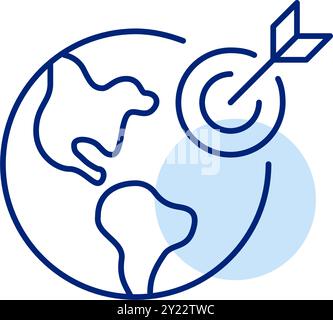 Der Pfeil trifft das Ziel auf der Erde. Präzision in der globalen Navigation, gezielte internationale Strategie. Pixelperfektes, bearbeitbares Konturvektorsymbol Stock Vektor