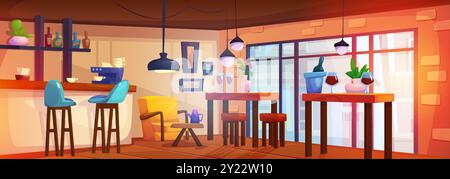 Café-Bar mit Kaffeemaschine und Tassen an der Bar, hohe Tische mit Wein in Flasche und Glas und Hocker am Fenster, Holzschreibtisch mit Wasserkocher und Sessel. Cartoon Vektor gemütlicher Caféraum. Stock Vektor