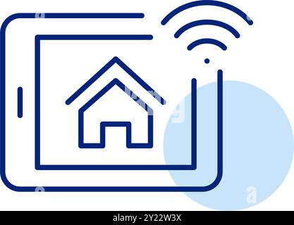 E-Tablet mit Home-Symbol auf dem Bildschirm und wlan. Smart-Home-Hub, Remote-Konnektivität am Arbeitsplatz. Pixelperfektes, bearbeitbares Konturvektorsymbol Stock Vektor