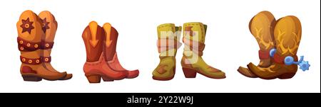 Cowboystiefel auf weißem Hintergrund. Vektor-Karikaturillustration von Vintage Retro-Schuhen mit Heels und Metallspornen, traditionelle Western Ranch Schuhe, Texas Rodeo Stil Kostümelement Stock Vektor