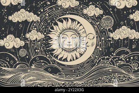 Himmlische Astrologie-Karte von Sonne und Mond mit Gesicht, Vektoresoterische Poster von Tierkreiszeichen, Horoskop, Tarot. Schaffung des Universums mit Wolken, Stern Stock Vektor