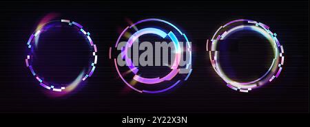Glitcheffekt-Kreis in Neon. Digitaler Ringrahmen mit Cyber-Licht. Futuristisch gebrochene Pixel und Rauschgrafkante. Minimale dynamische holographische Verzerrung Avatar-Illustration. Farbfehler-Illusion Stock Vektor