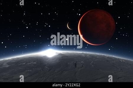 Sonnenaufgang über den Phobos mit rotem Planeten Mars im Hintergrund Stockfoto