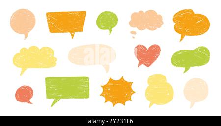 Buntstift-Talk-Sprechballon-Rahmen-Kritzelvektor. Handgezeichneter Buntstift-Doodle-Sprechwolke-Luftblasen-Set. Kreide Textur Skizziertext Talk Wolke Ballon Frame Hintergrund. Vektorabbildung. Stock Vektor