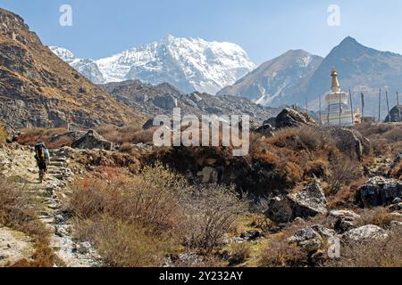 Trekker vorbei an einer Stupa am Rande von Kyanjin Gompa im Langtang-Tal Stockfoto